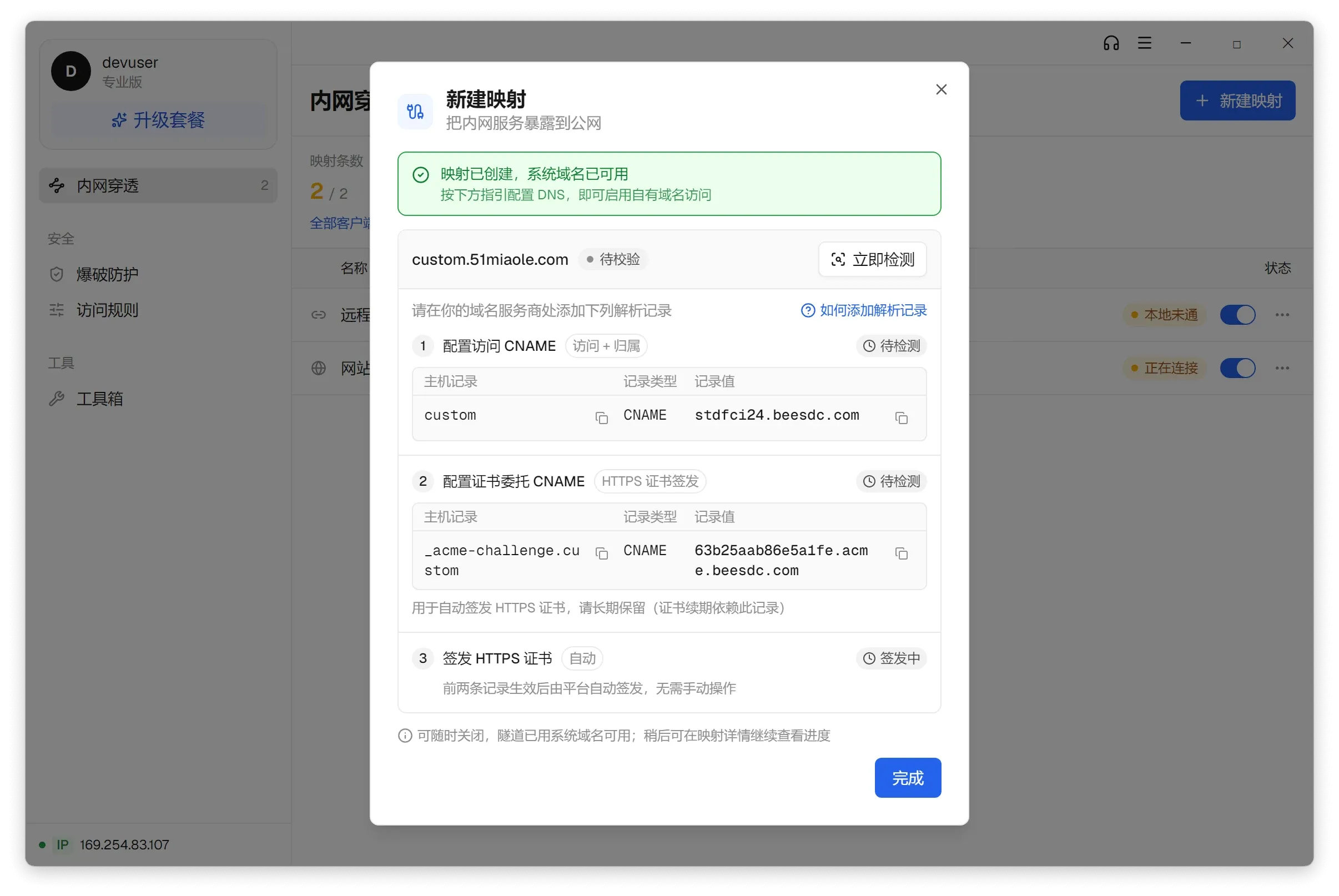 自有域名的 DNS 指引:需要添加的两条 CNAME 记录与证书签发进度