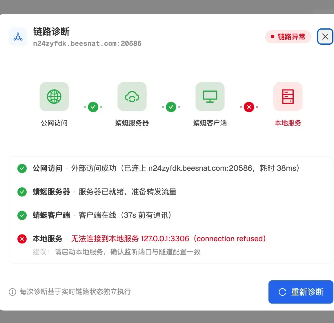 链路诊断:公网访问、蜻蜓服务器、蜻蜓客户端三段通过,本地服务一段失败,报无法连接到本地服务 127.0.0.1:3306