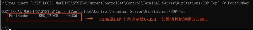 命令行查询注册表 RDP 端口,输出 PortNumber 为 REG_DWORD 类型的 0xd3d